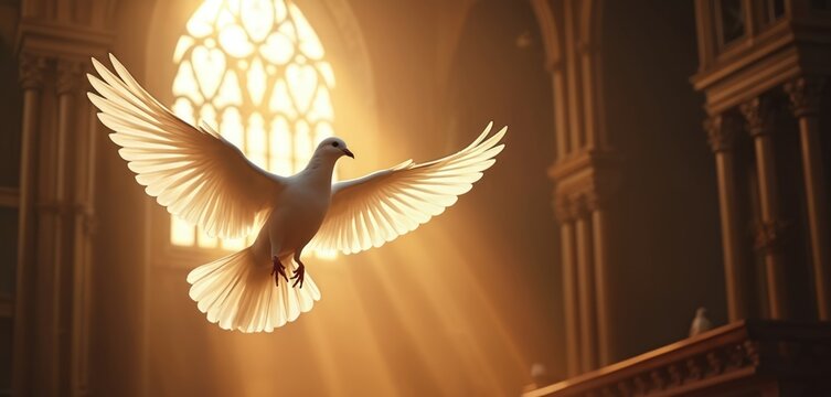 White dove flies through sunbeams in church near stained glass window. Bird wings spread wide, symbol of peace, hope, holy spirit in religious space.