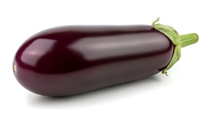 A vibrant glossy purple eggplant with a green stem on a white background