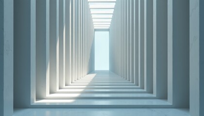 Abstract Architectural Corridor with Repeating Geometric Pillars and Natural Light Entering Through Skylight