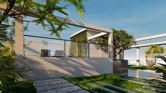 A serene modern rooftop garden featuring minimalist architecture, lush green landscaping, and a tranquil water element