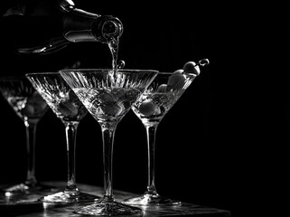 Martini glasses being filled with clear liquid and olives, black and white.