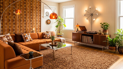 Retro living room scene with vintage furniture and decor viewed from the entrance