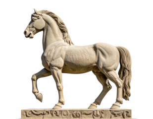 Sandstone horse zodiac sculpture with raw texture, isolate on white background.