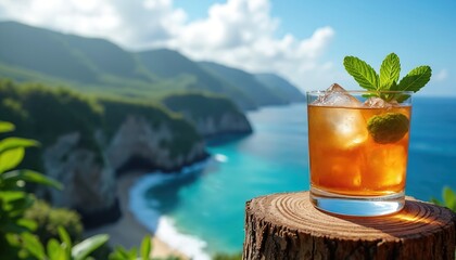 Amber cocktail with ice and mint garnish sits on wooden log by sea cliffs and turquoise water. Refreshing drink on sunny day at tropical ocean beach with lush green hills.