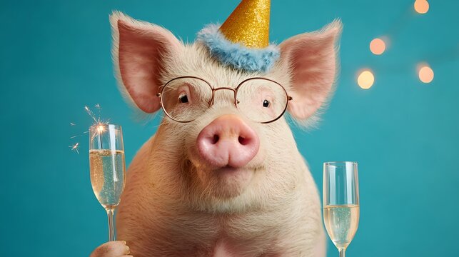 A pig in eyeglasses and a party hat, holding champagne flutes with sparkler