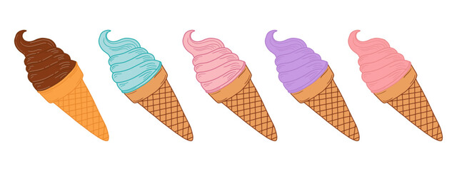 Set of colorful soft serve ice cream cones vector illustration. Hand drawn assorted flavor ice cream in waffle cones