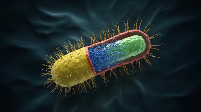 Microscopic bacterium cross section with internal cell structures revealed