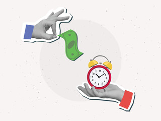 A one hand gives a green banknote and other give a red classic alarm clock. The concept of exchanging money for time. Modern photo collage style. Vector illustration