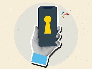 Hand holds phone with a keyhole on a screen. Cyber ​​security concept. Modern collage style. Vector illustration