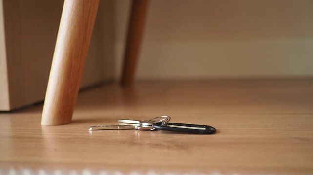 Keys lying on the floor near a wooden chair. lost key concept 