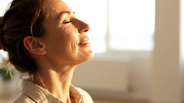 Close-up of a woman with eyes closed, smiling in warm sunlight. Enjoying a moment of relaxation and mindfulness. Well-being and happiness concept with copy space