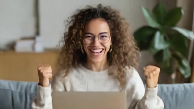Triumph of Joy: Capturing the triumphant expression of a happy individual, celebrating success with clenched fists, embodying achievement and satisfaction.