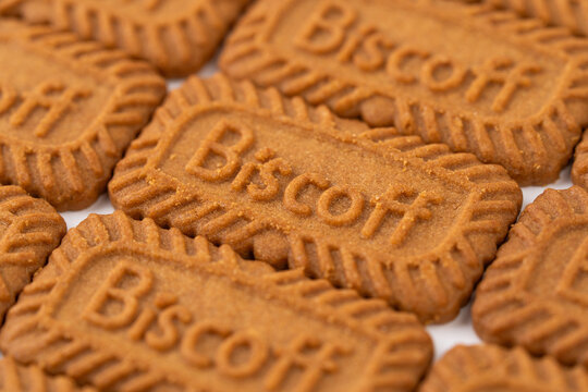 Bangalore, India - 11 January 2026 : Lotus Biscoff is a caramelized biscuit, smooth and crunchy textures on white background. Isolated