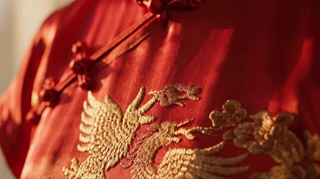 Close-up of a traditional red Chinese qipao dress with gold embroidery. Detail shot of the mandarin collar and intricate fabric. Chinese Lunar New Year celebration and cultural heritage