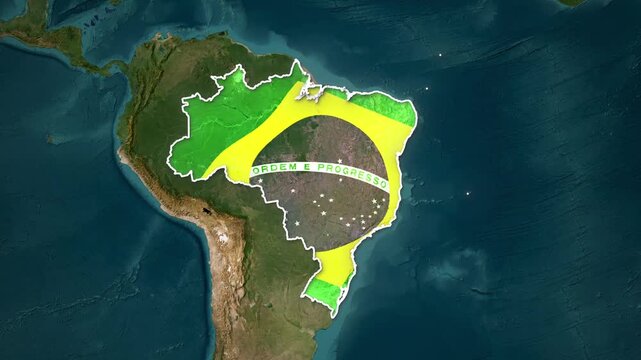 Brazil is depicted with its national flag animation overlaying a satellite view of the country