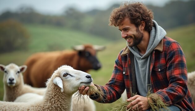 Man in plaid jacket feeds hay to sheep in green field. Farmer smiles happily with flock and cow in background. Gentle interaction between human and animal, pastoral rural farm life.