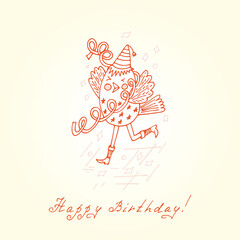 Funny bird. Birthday card. Happy birthday. Hand drawn cartoon doodle bird