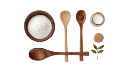 Top view cosmetic composition with wooden spoon isolated on a white background