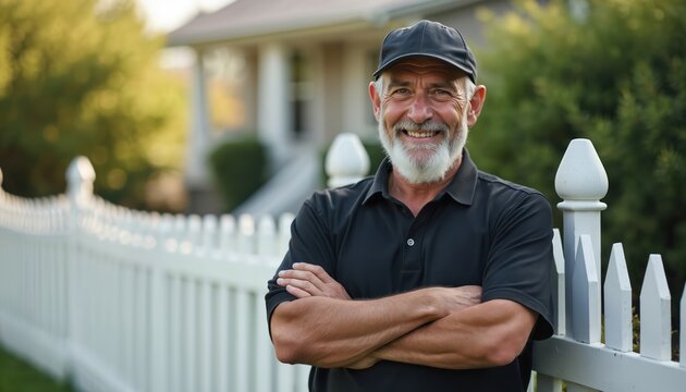 Smiling middle aged man with grey beard wearing black polo shirt and cap. He stands near a white picket fence with his arms crossed. Homeowner or contractor confident and friendly. Man looks happy.