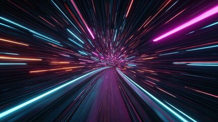Colors and lights move fast along a winding road at night creating a sense of speed and motion in a digital space filled with vibrant streaks