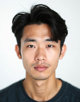 Young Japanese man stares forward. Half body shot shows face with neutral expression against white backdrop. Casual black t-shirt worn, dark hair styled.