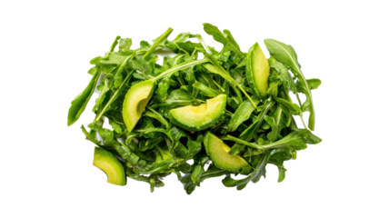 Top view of arugula salad with avocado isolated on a white background