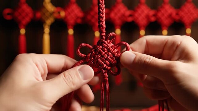 Close-up of hands making a traditional red Chinese knot. Artisan adjusting the intricate weaving of a lucky ornament for Lunar New Year. Cultural craftsmanship concept
