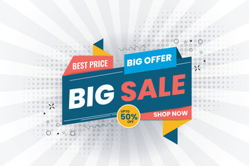 Colorful big sale composition promotion banner, with up to 50 off, banner  promotion with the white background, web or social media modern sale poste