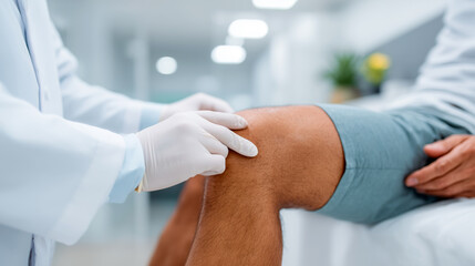 Doctor examining patient knee orthopedic traumatologist medical clinic. Healthcare professional gloved hands therapy assessment. Medicine rehabilitation injury diagnosis treatment specialist care.