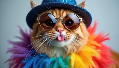 Ginger cat wears sunglasses and blue hat, sticks tongue out. Cat has colorful feather boa around neck, looks funny and cute. This pet loves fashion and fun.