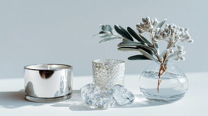 Winter decor silver candle holders, glass vase botanical branches, ice crystals. Minimalist elegant arrangement, glacier aesthetic cold-toned. Contemporary home interior styling.