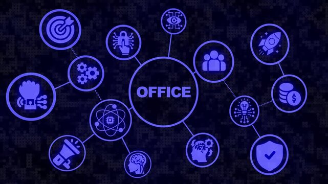 Office Mind Map with Icons Representing Business Operations and Collaboration on a Dark Textured Background Keywords: office, business, work, corporate, company, organization
