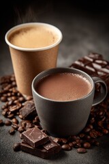 Rich Hot Chocolate in Grey Ceramic Mug with Coffee Beans