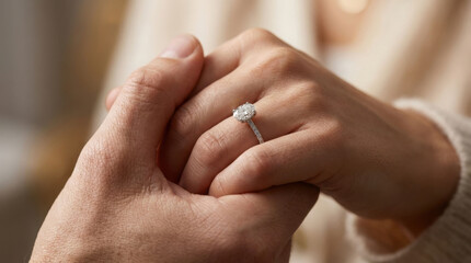 Valentine&rsquo;s Day Proposal: Close-up of a beautiful diamond engagement ring on a woman's hand, held by her partner, symbolizing love, commitment, and a romantic future together.
