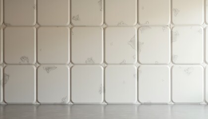 Grungy White Square Tiles Wall With Visible Metal Fasteners and Light Reflections on Cement Floor Subtle Grunge Textured Surface
