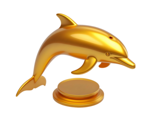 A polished, golden dolphin sculpture, atop a small, round pedestal