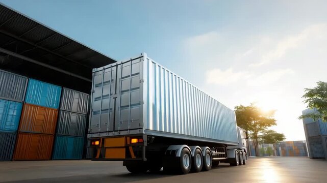 Large cargo truck in industrial loading dock at sunset