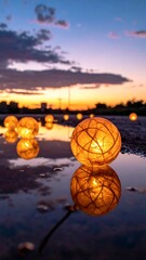 Illuminated spheres reflecting in water at sunset