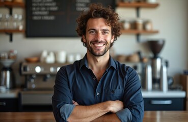 Fototapeta premium Smiling man owner stands arms crossed behind coffee shop counter. He wears blue shirt, has beard, curly hair. Barista ready to serve customers at cafe.