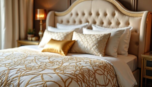 Luxury bedroom interior with tufted headboard and elegant beige pillows. White duvet cover has gold pattern. Soft lamplight creates cozy atmosphere.