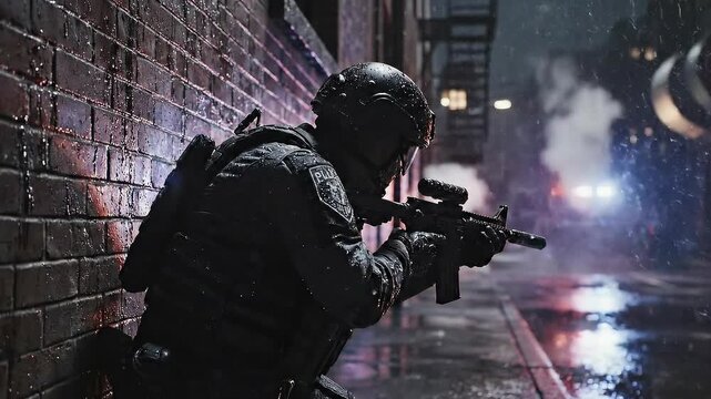 Police officer in tactical gear aiming rifle down dark alleyway at night