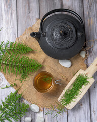 Equisetum arvense herbal tea with iron teapot and wooden scoop on rustic background