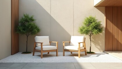Minimalist outdoor chairs arranged in a zen garden setting. Two white cushioned seats on white pebbles under green trees. Natural light and shadow play on wall.