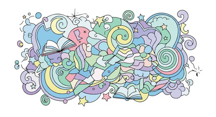 Playful Abstract Doodle Art Pattern with Pastel Shapes Stars and Swirling Lines