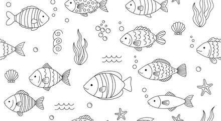 Cute underwater fish doodles with seaweed, bubbles, shells, waves, and ocean elements in simple black and white line art illustration © Rumi