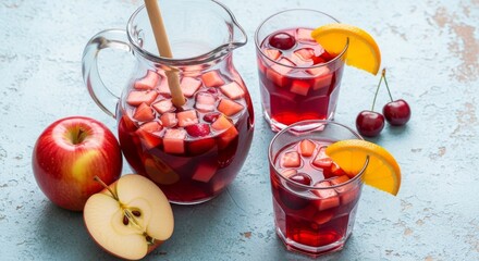 A pitcher of delicious red sangria with fruit garnish and glasses filled with the refreshing beverage