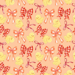 Cute little yellow baby chick  with Easter eggs collection and coquette bow seamless pattern and background