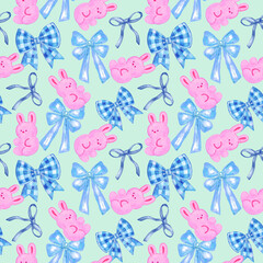 Seamless pattern with cute rabbit gummy on ribbon bow background. Hand drawn Easter bunny background