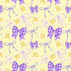 Cute little yellow baby chick  with Easter eggs collection and coquette bow seamless pattern and background