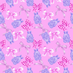 Seamless pattern with cute rabbit gummy on ribbon bow pink color background. Hand drawn Easter bunny background.